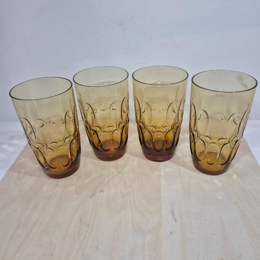 Vintage Fostoria Amber Glass Dot Tumblers Set of 4 Mid Century Highball 5.5in